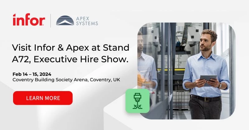 This Valentine's, Infor & Apex Systems ignite synergy at the Executive Hire Show, Coventry Arena, 14-15 Feb